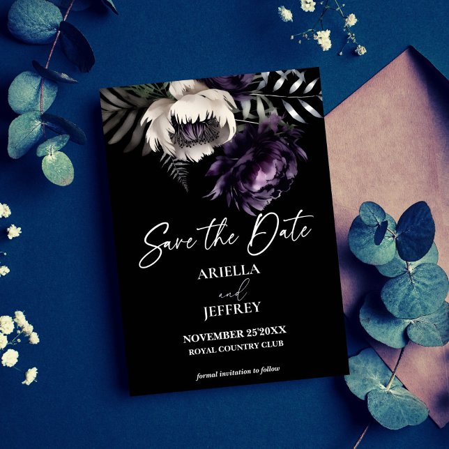 Save The Date Boho sombre moody élégant mariage (Dark moody boho elegant purple peonies wedding save the date card editable template digital download)