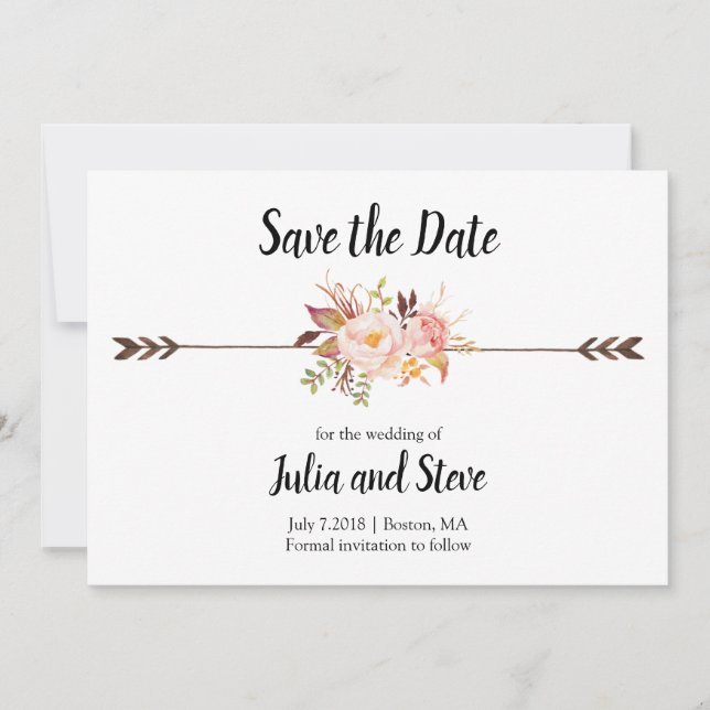 Save The Date Boho Style Elegant Aquarelle Fleurs Mariage (Devant)