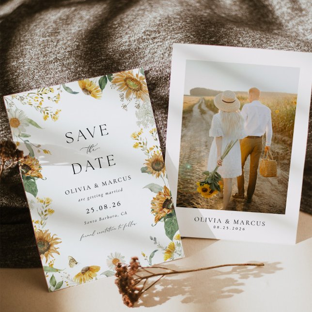 Save The Date Boho Sunflower Golden Rays Floral Elégant Mariage (Front/Back)