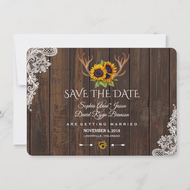 Save The Date Boho Sunflowers Antlers Bois Mariage Enregistrer L (Devant)