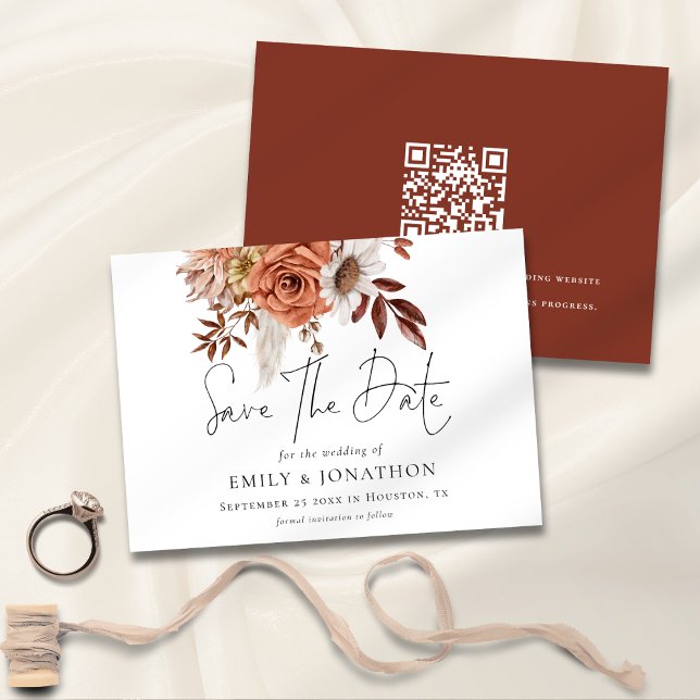 Save The Date Boho Terracotta Automne Florals QR Code Mariage (Front and back view)