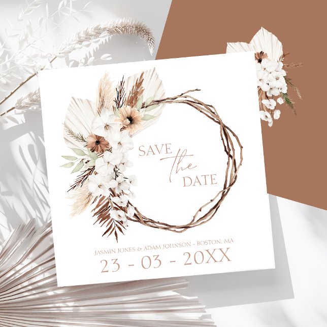 Save The Date Boho Terracotta Brown séché fleuri Mariage (Boho Terracotta Brown Dried Floral Wreath Wedding Save The Date)