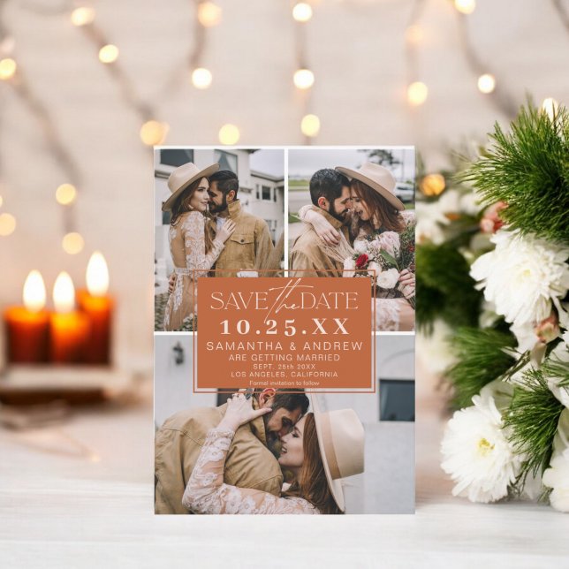 Save The Date Boho terracotta enregistrer la date 3 photo grille (Boho terracotta save the date 3 photo grid collage)