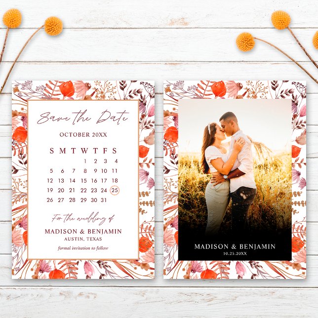 Save The Date Boho Terracotta Fleur sauvage Calendrier du Mariag (Créateur téléchargé)