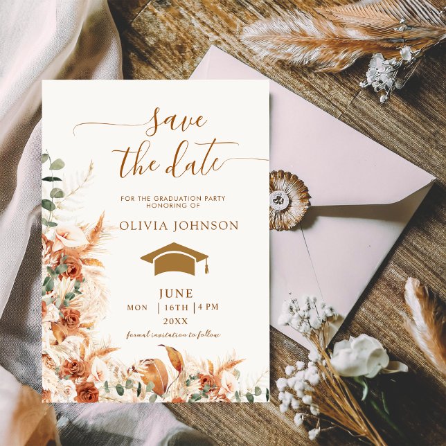 Save The Date Boho Terracotta Floral Photo Graduation  (Créateur téléchargé)