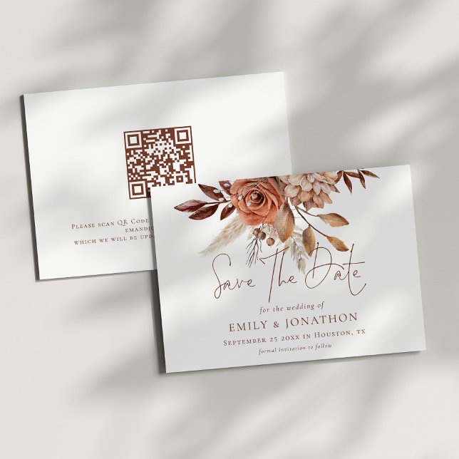 Save The Date Boho Terracotta Florals QR Code Mariage (Front and back view)