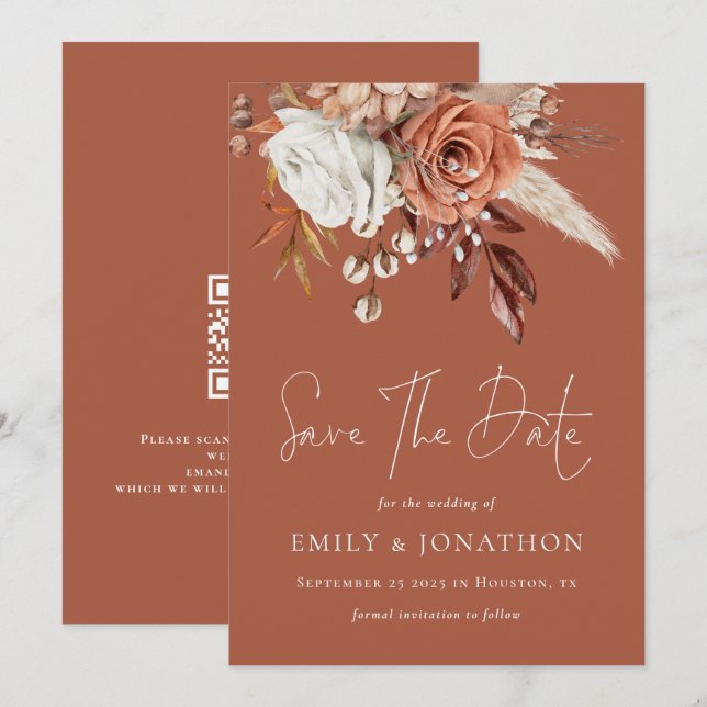 Save The Date Boho Terracotta Florals QR Code Mariage rouille (Devant / Derrière)