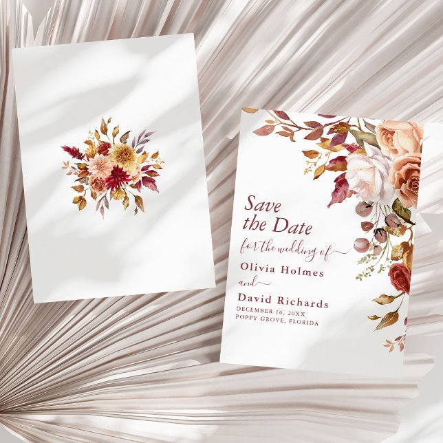Save The Date Boho Terracotta Orange Brûlé Floral Mariage (Boho Terracotta Burnt Orange Floral Wedding Save The Date on a sunny neutral dry palm leaf.)