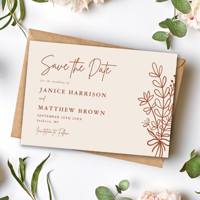 Save The Date Boho Terracotta Orange Brûlé Mariage Rustique (Boho terracotta save the date sets a warm rustic tone while announcing your big day.)