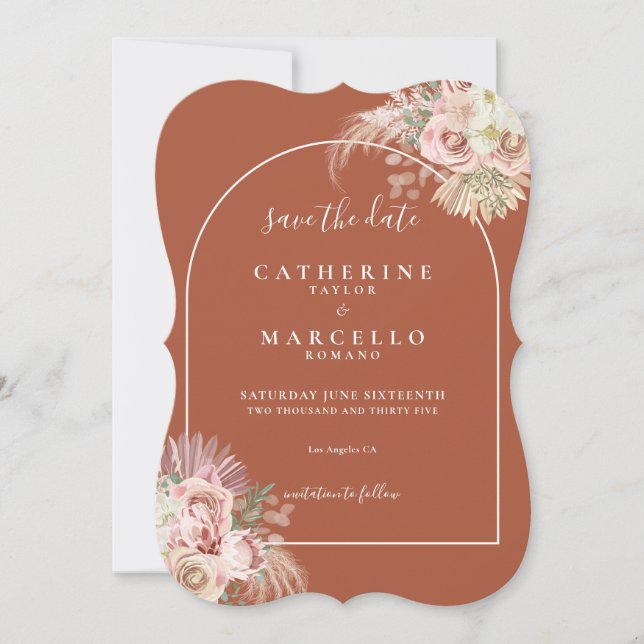 Save The Date Boho Terracotta Pampas Arche en Herbe Floral Maria (Devant)