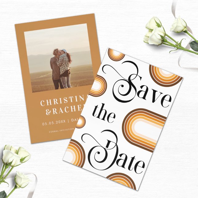 Save The Date Boho Terracotta Rainbow Retro Script Photo Wedding (Créateur téléchargé)