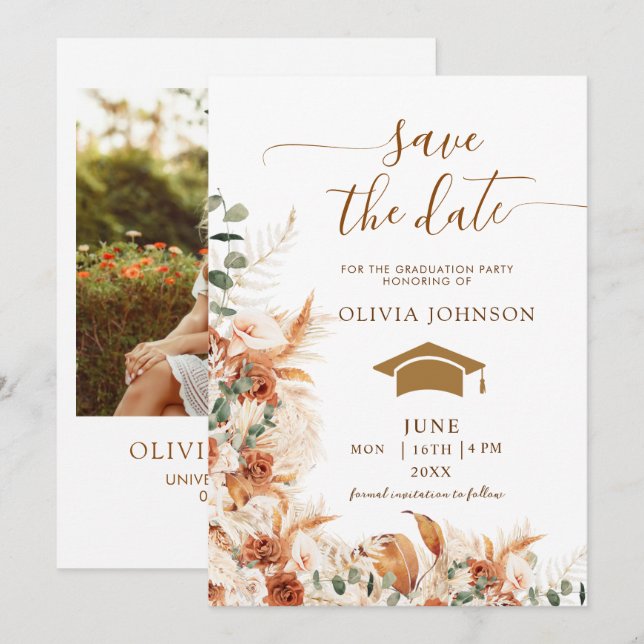 Save The Date Boho Terre cuite Fleurie Photo Diplôme (Devant / Derrière)