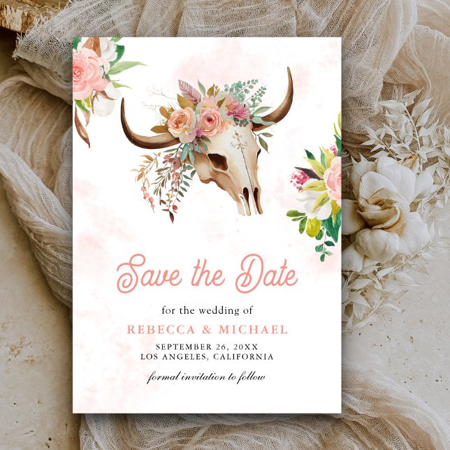 Save The Date Boho Tribal Floral Vache Mariage crâne (Créateur téléchargé)