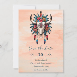 Save The Date Boho Triball Aquarelle Floral Vache Mariage crâne