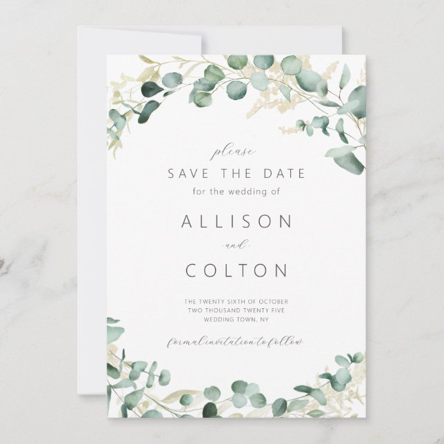 Save The Date Boho vert de sauge rustique eucalyptus (Devant)