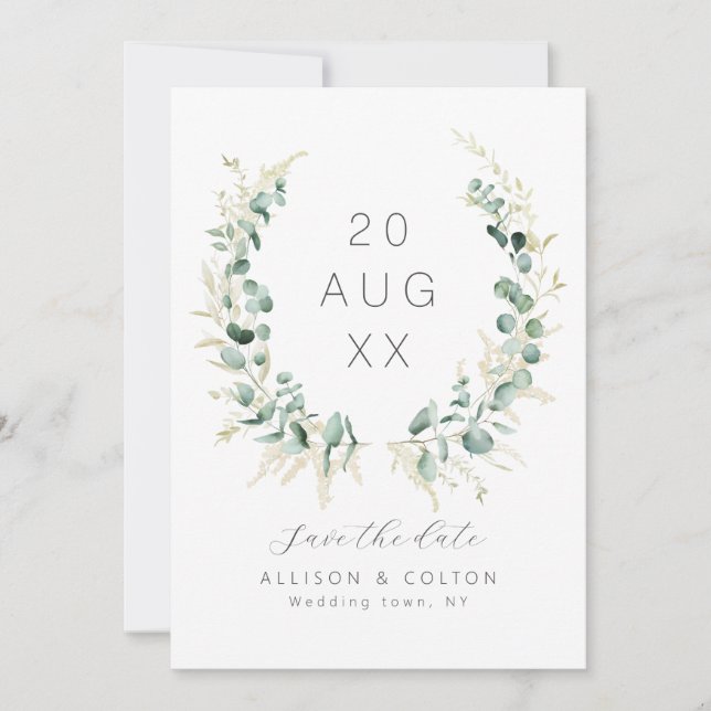 Save The Date Boho vert de sauge rustique eucalyptus (Devant)