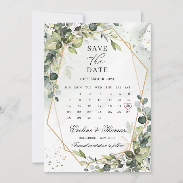 Save The Date Boho vert feuillage or cadre mois calendrier (Devant)