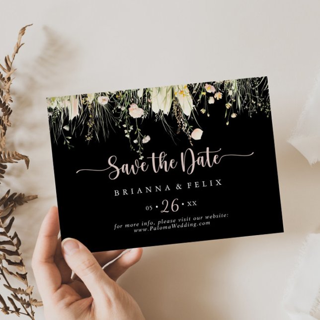 Save The Date Boho vert Fleur sauvage noir Mariage horizontal (Créateur téléchargé)