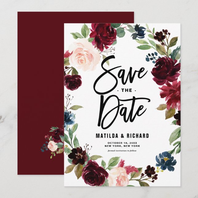 Save The Date Boho Watercolor Automne Floral Wreath (Devant / Derrière)