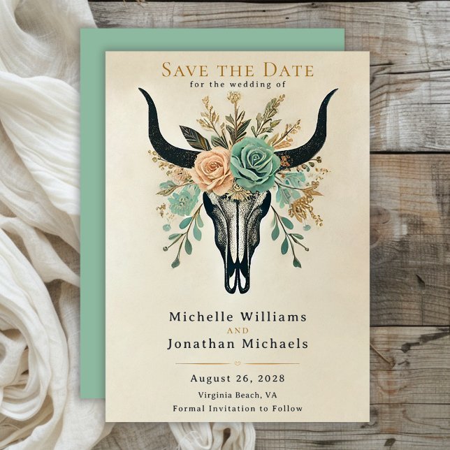 Save The Date Boho Western Floral Bull Cow Mariage crâne (Boho Floral Bull Cow Skull Wedding Save The Date)