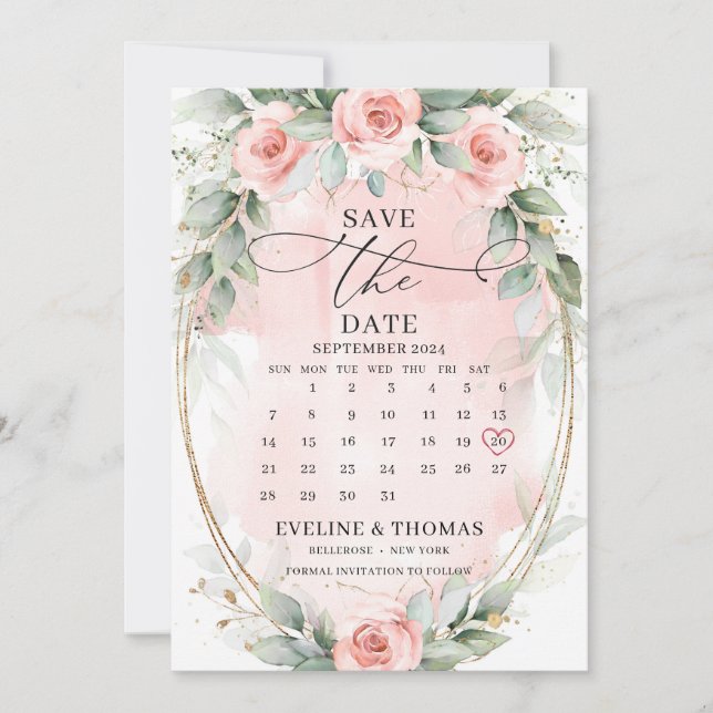 Save The Date Boho Whimsical rose poussiéreux roses et eucalyptu (Devant)