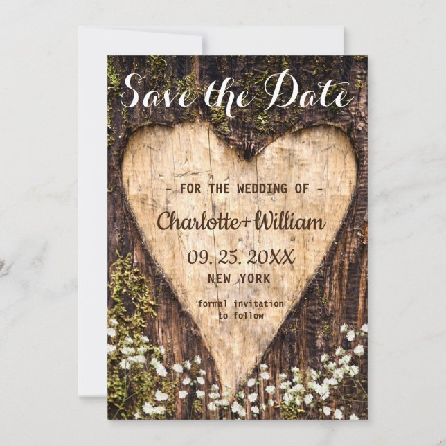 Save The Date Bois Barque Coeur Bébé Respiration Mariage Enregis (Devant)
