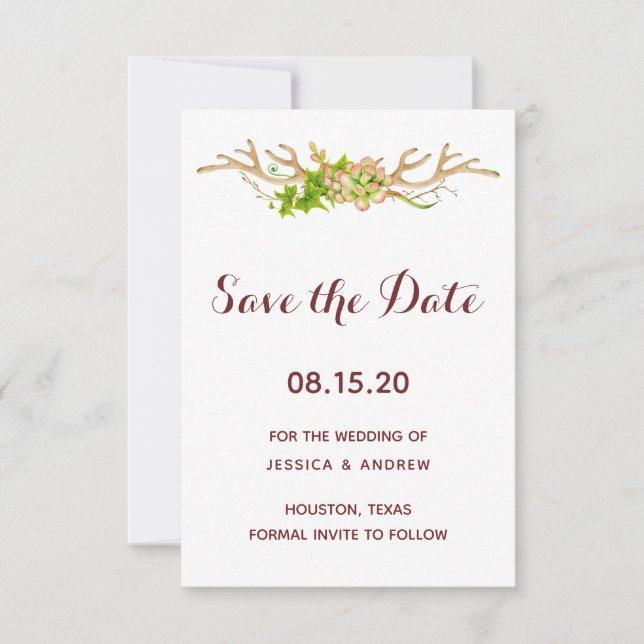 Save The Date Bois de cerf rustique chic et fleurs sauvages Enre (Devant)