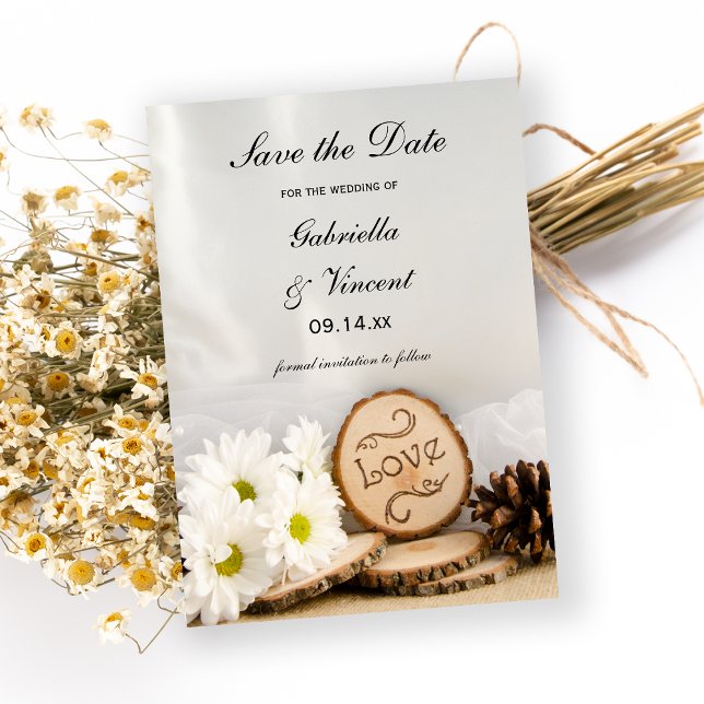 Save The Date Bois de marguerite blanc rustique Sauvez la date (Créateur téléchargé)