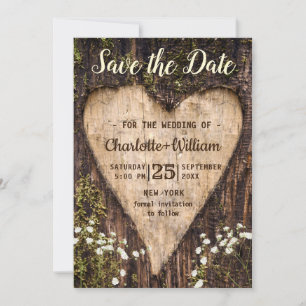 Save The Date Bois écorce Bébé Coeur respiratoire Mariage rustiq