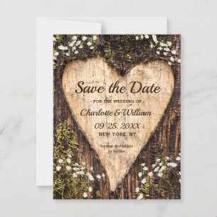 Save The Date Bois écorce Bébé Coeur respiratoire Mariage rustiq