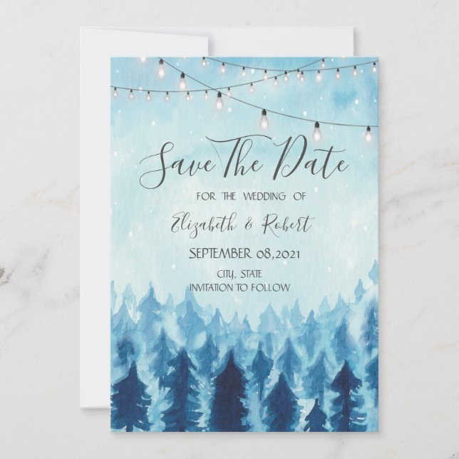 Save The Date Bois, Forêt, Pins Arbres Bleu Enregistrer La Date (Devant)