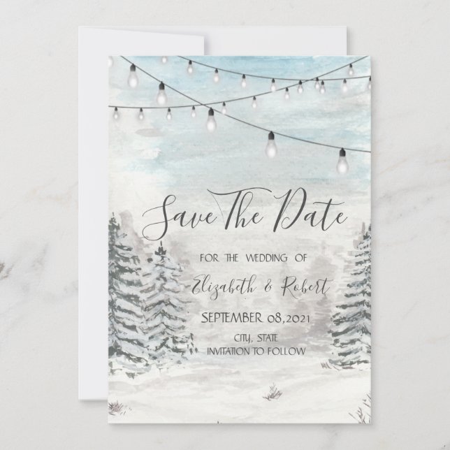 Save The Date Bois, Neige, Forêt Éclairage À Chaînes Enregistrer (Devant)