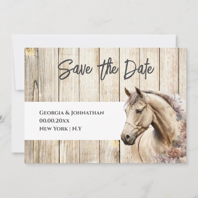 Save The Date Bois rustique aquarelle cheval campagne grange (Devant)