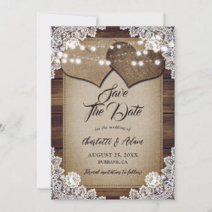Save The Date Bois rustique Beige Burlap Blanc Floral Mariage