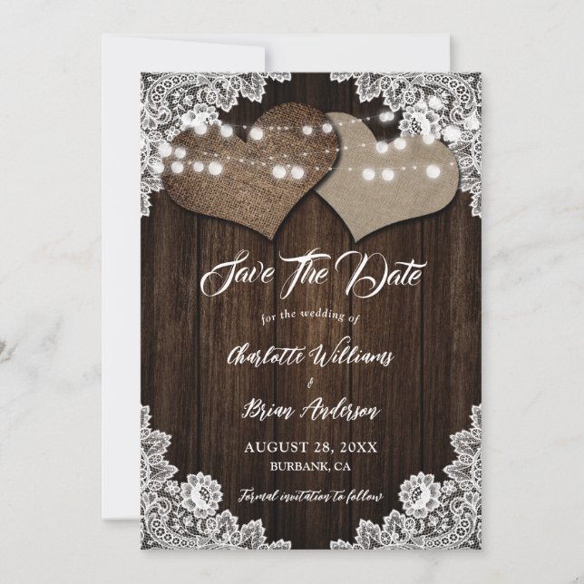 Save The Date Bois rustique Burlap et mariage de dentelle Enregi (Devant)