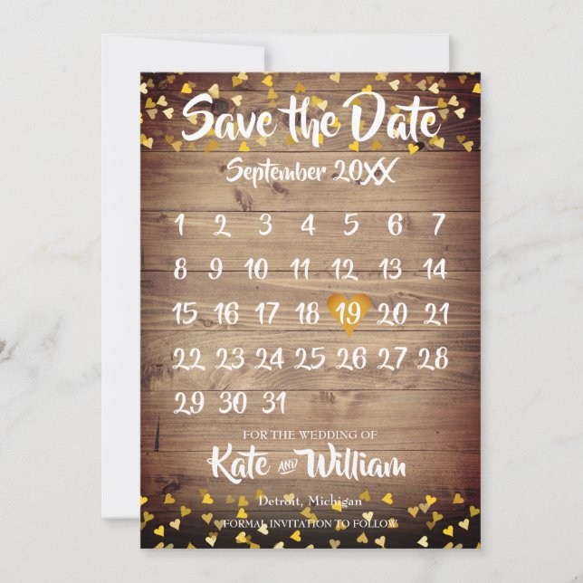 Save The Date Bois rustique Calendrier Gold Love Heart (Devant)