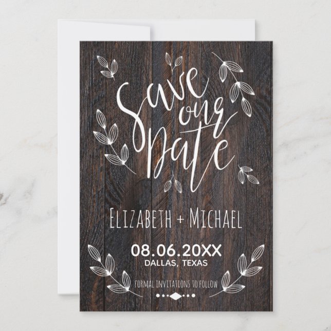Save The Date Bois Rustique Épargnez notre Date Blanche Typograp (Devant)