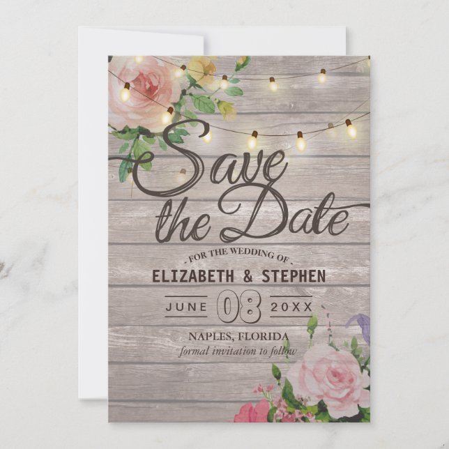 Save The Date Bois rustique Floral Chaîne Lumières Mariage Date  (Devant)