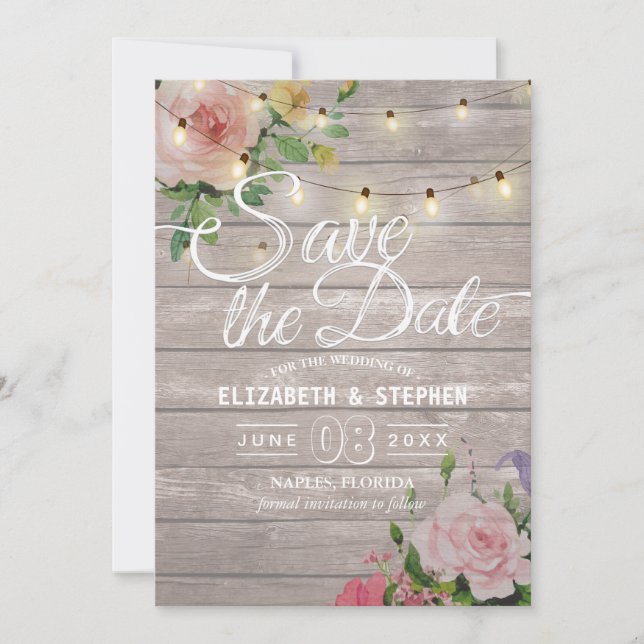 Save The Date Bois rustique Floral Chaîne Lumières Mariage Date  (Devant)