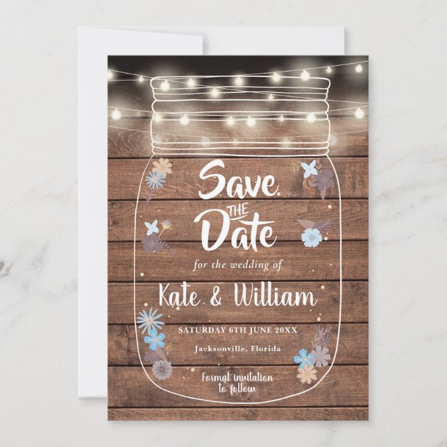 Save The Date Bois rustique Mason Jar String éclaire Floral (Devant)