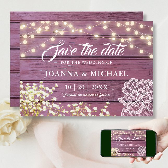 Save The Date Bois violet rustique Lumières et dentelle (Créateur téléchargé)
