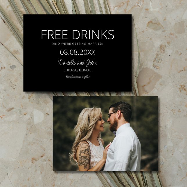 Save The Date Boissons gratuites Black White Photo Mariage (Free Drinks Black White Photo Wedding Save The Date)