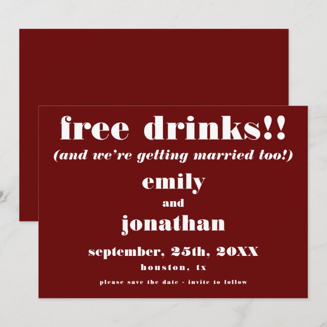Save The Date Boissons Gratuites Mariage Décontracté Bourgogne E (Devant / Derrière)