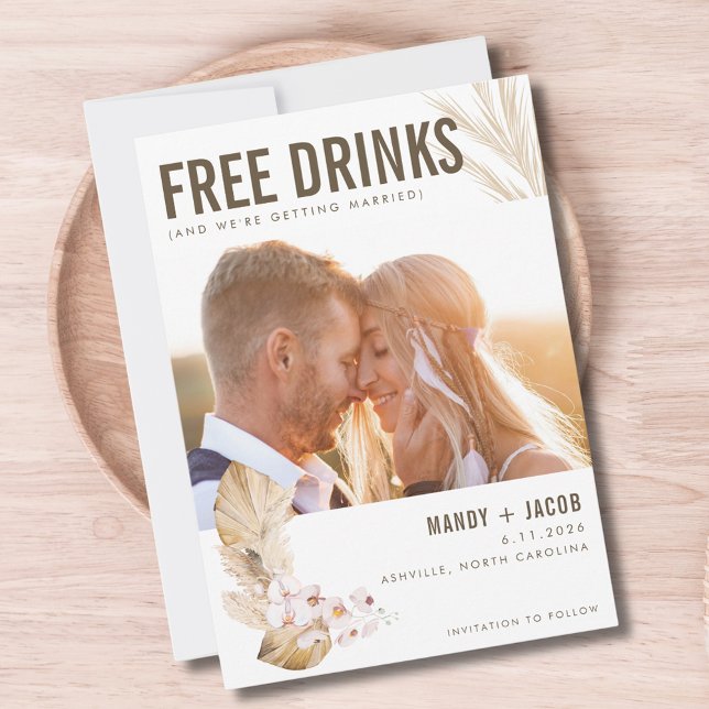 Save The Date Boissons gratuites Photo Boho Wedding Enregistrer  (Free Drinks Photo Boho Wedding Save the Date)