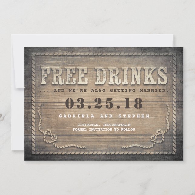 Save The Date Boissons gratuites | Rustic Wood Funny Enregistrer (Devant)