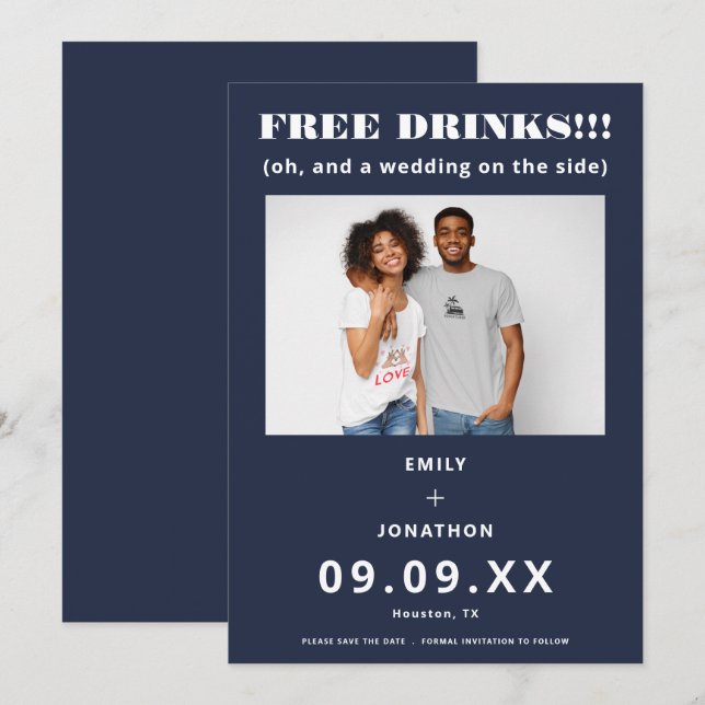 Save The Date Boissons Libres Photo Décontracté Marine Blanc Enr (Devant / Derrière)