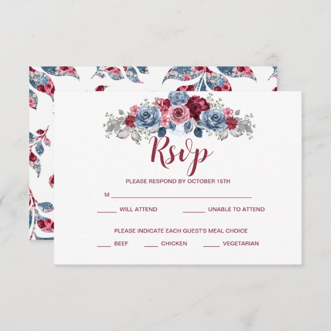 Save The Date Boîtier RSVP de mariage bleu et bordeaux Dusty (Devant / Derrière)