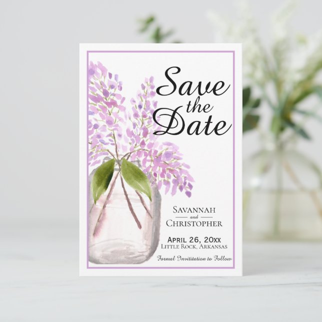 Save The Date Boîtier rustique en aquarelle de Lilac Fleurs Mari (Debout devant)