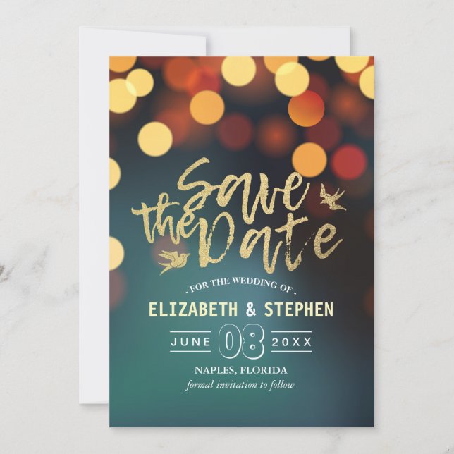 Save The Date Bokeh Gold Turquoise Moderne Mariage Lumière Enreg (Devant)