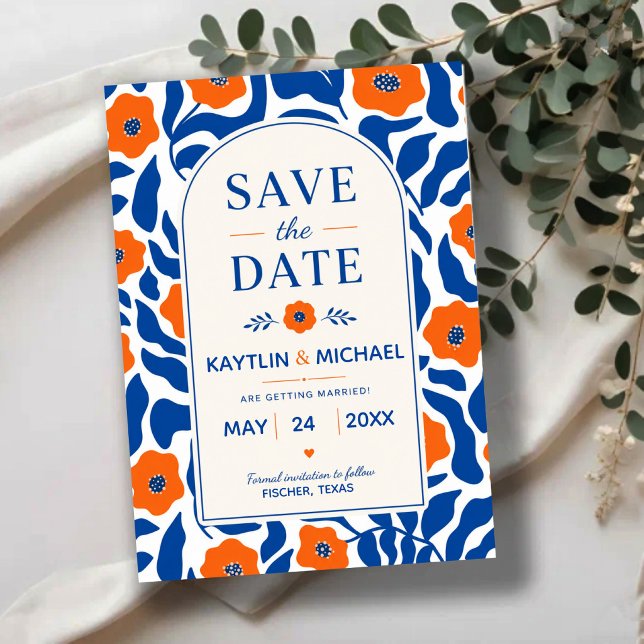 Save The Date Bold Blue and Orange Floral Modern Botanical  (Créateur téléchargé)